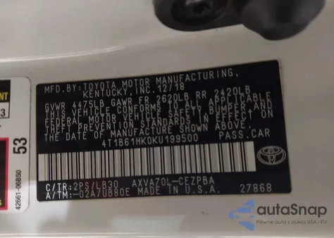 2019 Toyota Camry Xse from USA, damaged, VIN 4T1B61HK0KU199500